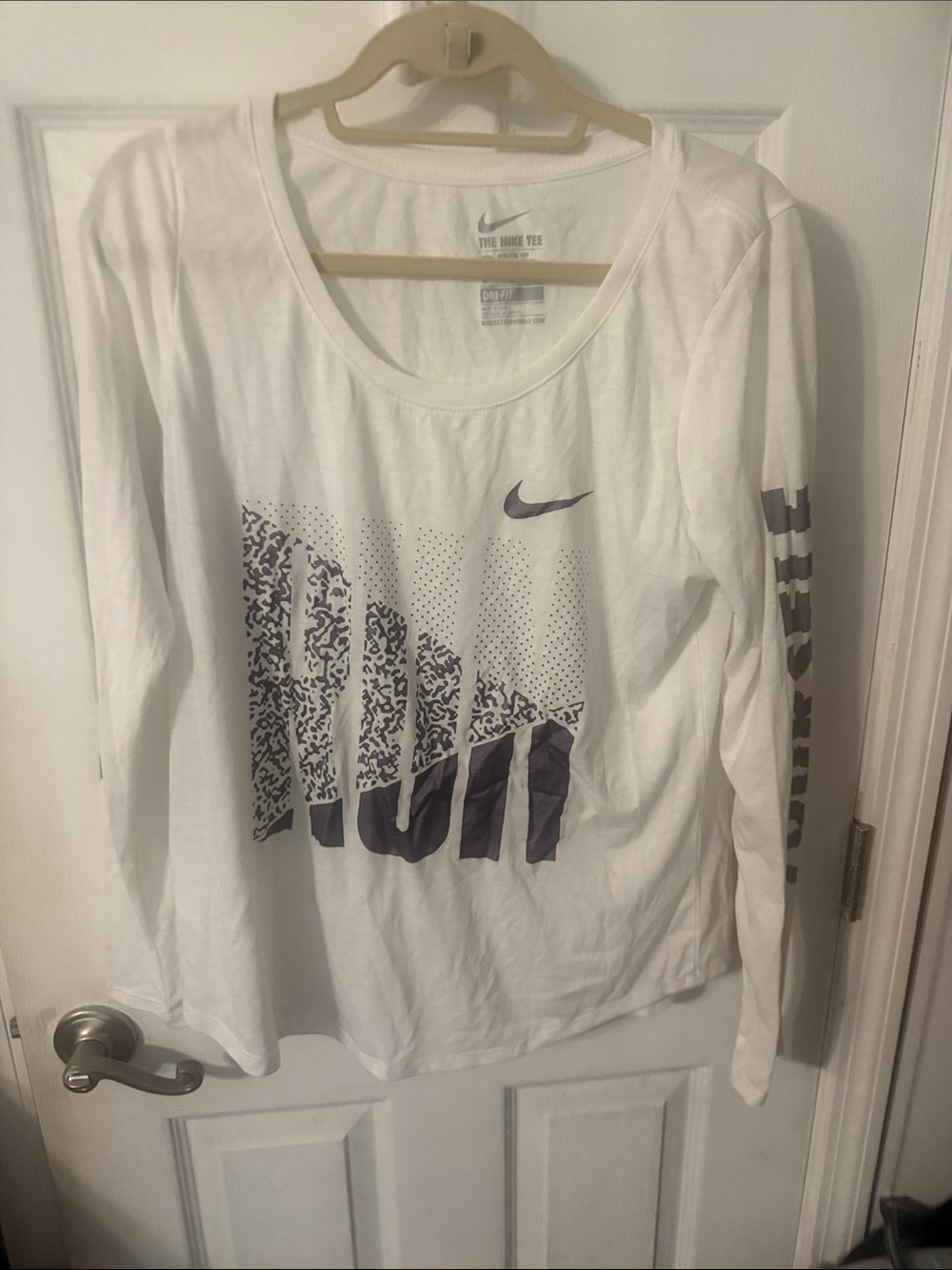 Nike White Long Sleeve Graphic Tee with Purple Print
